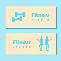 Fitness studio school flyer with silhouette of women in sportswear standing and doing a workout with dumbbells on blue background. Vector illustration