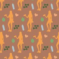 Seamless pattern with icons of fitness women, gym dumbbells, bottles of water, hearts, and apples. Vector illustration