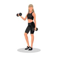 Faceless fitness Caucasian woman in sportswear standing and doing a workout with the dumbbells. Workout and sports training concept. Vector illustration