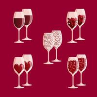 conjunto de vino lentes con rojo corazones adentro, vector ilustración, amor concepto