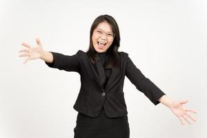 Offering Hug Of Beautiful Asian Woman Wearing Black Blazer Isolated On White Background photo