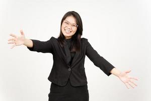 Offering Hug Of Beautiful Asian Woman Wearing Black Blazer Isolated On White Background photo