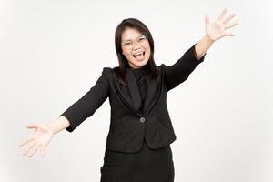 Offering Hug Of Beautiful Asian Woman Wearing Black Blazer Isolated On White Background photo