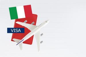 Italy Visa and passport with airplane and flag on white background with copy space. photo