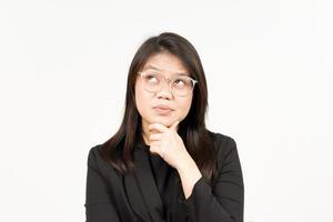 Thinking Gesture Of Beautiful Asian Woman Wearing Black Blazer Isolated On White Background photo