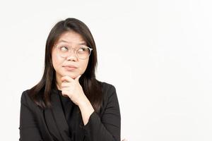 Thinking Gesture Of Beautiful Asian Woman Wearing Black Blazer Isolated On White Background photo