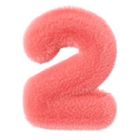 Pink and fluffy 3D number two on transparent background as png. Furry, soft and hairy symbol 2. Trendy, cute design element. Cut out object. 3D rendering. png