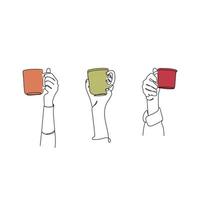 Group of raised people hands holding cups. One line art drawing. Hand drawn vector Illustration.