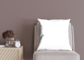 Square transparent pillow in modern room. Blank cushion case template for your graphic design presentation. Pillow cover mock up for print, pattern, personalized illustration. Close-up. 3D render, png