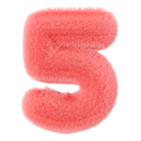 Rosa und flauschige 3d Nummer fünf auf transparent Hintergrund wie png. pelzig, Sanft und behaart Symbol 5. modisch, süß Design Element. Schnitt aus Objekt. 3d Wiedergabe. png