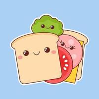 Sandwich of bread, sausage, cheese and salad in kawaii style vector