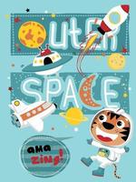 vector cartoon of cute tiger in astronaut costume with spaceship, space elements illustration