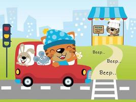 Cute animals cartoon on red bus in the city road, bear in it stall on buildings background vector