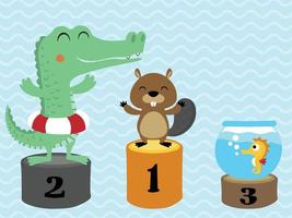 Funny animals on ranking podium, swimmer animals championship on water ripples background vector