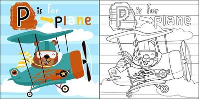 Vector cartoon of cute squirrel in pilot costume driving airplane, coloring book or page