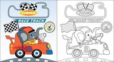 Cute elephant cartoon on racing car holding trophy, car racing elements illustration, coloring book or page vector