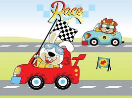 vector dibujos animados de coche carreras campeonato con gracioso león y Conejo