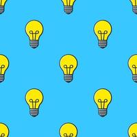 Seamless pattern with light bulbs in pop art style on blue background. Idea and solution symbol. Pattern with contour vector