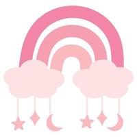Pink boho rainbow with clouds with star, month and rhombus pendant. Vector illustration