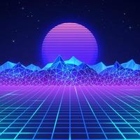 Futuristic retro landscape of the 80s in neon colors. Sun with mountains in retro style. Digital retro cyber surface. Vector illustration