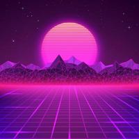 Retro landscape in purple colors. Futuristic planet neon mountains and sunset background. Sci fi abstract geometric landscape. Vector