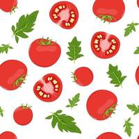 Seamless pattern of red tomatoes with green leaves on a white background vector