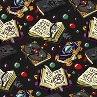 A pattern with magic books and various details. Records on alchemy, ancient volumes with esoteric recipes and mystical charms. Suitable for printing on textiles and paper. Gift wrapping for Halloween vector