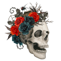 Watercolor halloween decorated skull with roses and dried leaves png