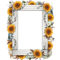 watercolor wooden frame with sunflowers and pumpkins png