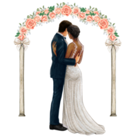 Wedding couple embracing under wedding arch png