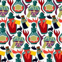 A pattern with colored jars of potions. Mysticism, magic, religion. Poisons with fire. Vector seamless pattern for printing on fabric and paper. Repetitive fashionable stylish texture for Halloween