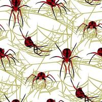 Pattern with spiders on the web. Vector illustration of a black and red spider of different sizes with a web pattern on a white background. Printing on textiles and paper. Gift wrapping for Halloween