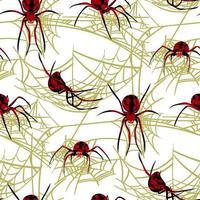 Pattern with spiders on the web. Vector illustration of a black and red spider of different sizes with a web pattern on a white background. Printing on textiles and paper. Gift wrapping for Halloween