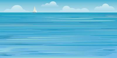 Blue ocean have sailboat at skyline vector illustration. Seascape and blue sky flat design background.