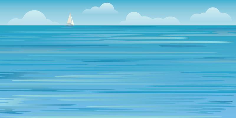 Blue ocean have sailboat at skyline vector illustration. Seascape and blue sky flat design background.