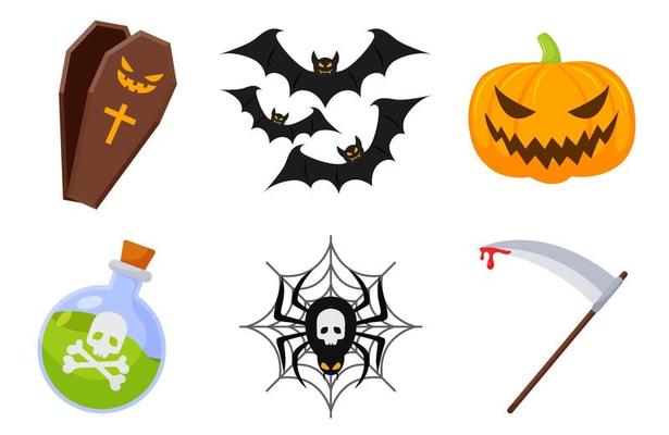 Halloween icons element vector set with tombstone, bat, pumpkin spider and other witch symbols.