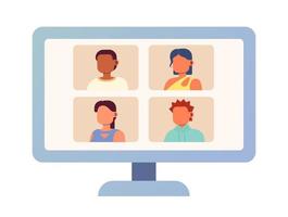 Computer monitor with online video meeting semi flat color vector object. Editable icon. Full sized element on white. Simple cartoon style spot illustration for web graphic design and animation