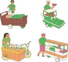 Vector illustration of a farmer selling fruits and vegetables on a cart.