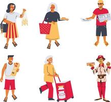 conjunto de personas con compras bolsas, plano vector ilustración aislado en blanco antecedentes.