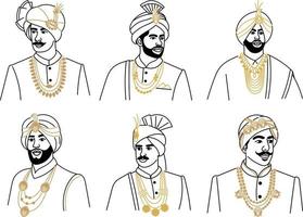 Set of indian men in traditional clothes. Hand drawn vector illustration.