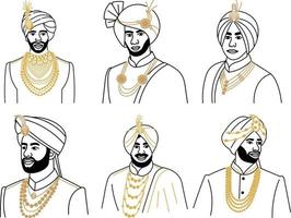 Set of Asian men in traditional clothes. Hand drawn vector illustration.