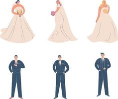 Set of wedding illustrations. Bride and groom in wedding dress. Vector illustration
