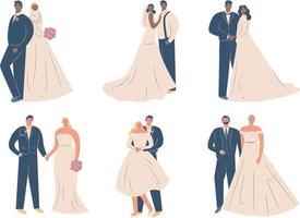 Set of bride and groom in wedding dresses. Vector illustration in flat style