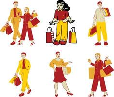 conjunto de joven personas con compras bolsas. vector ilustración en dibujos animados estilo.