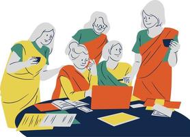 Illustration of a group of senior people sitting at a table and using a laptop vector