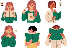 Set of people reading books. Vector illustration in flat cartoon style.