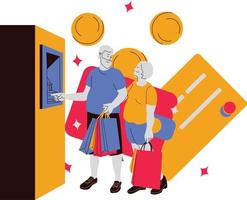 Elderly couple with shopping bags at the ATM. Flat vector illustration.