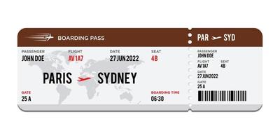 brown and white Airplane ticket design. Realistic illustration of airplane boarding pass with passenger name and destination. Concept of travel, journey or business trip. Isolated on white background vector