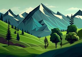 Panoramic abstract mountain scenery in flat style. Natural wallpaper - image photo