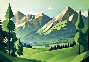 Panoramic abstract mountain scenery in flat style. Natural wallpaper - image photo